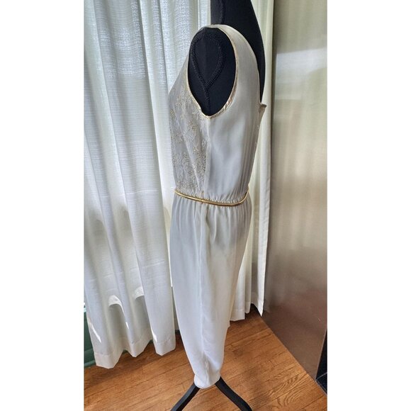 Vintage 80s jumpsuit, off-white, gold metallic lace, elastic waist & golden belt - Picture 5 of 10